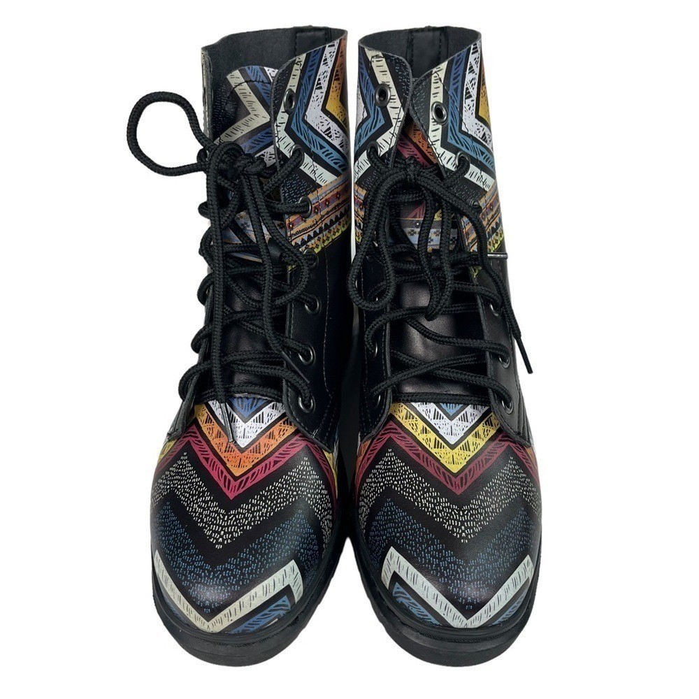 Yes We Vibe Boots Women Size 8.5 Boho Black and Multicolor Combat Lace Up Shoes