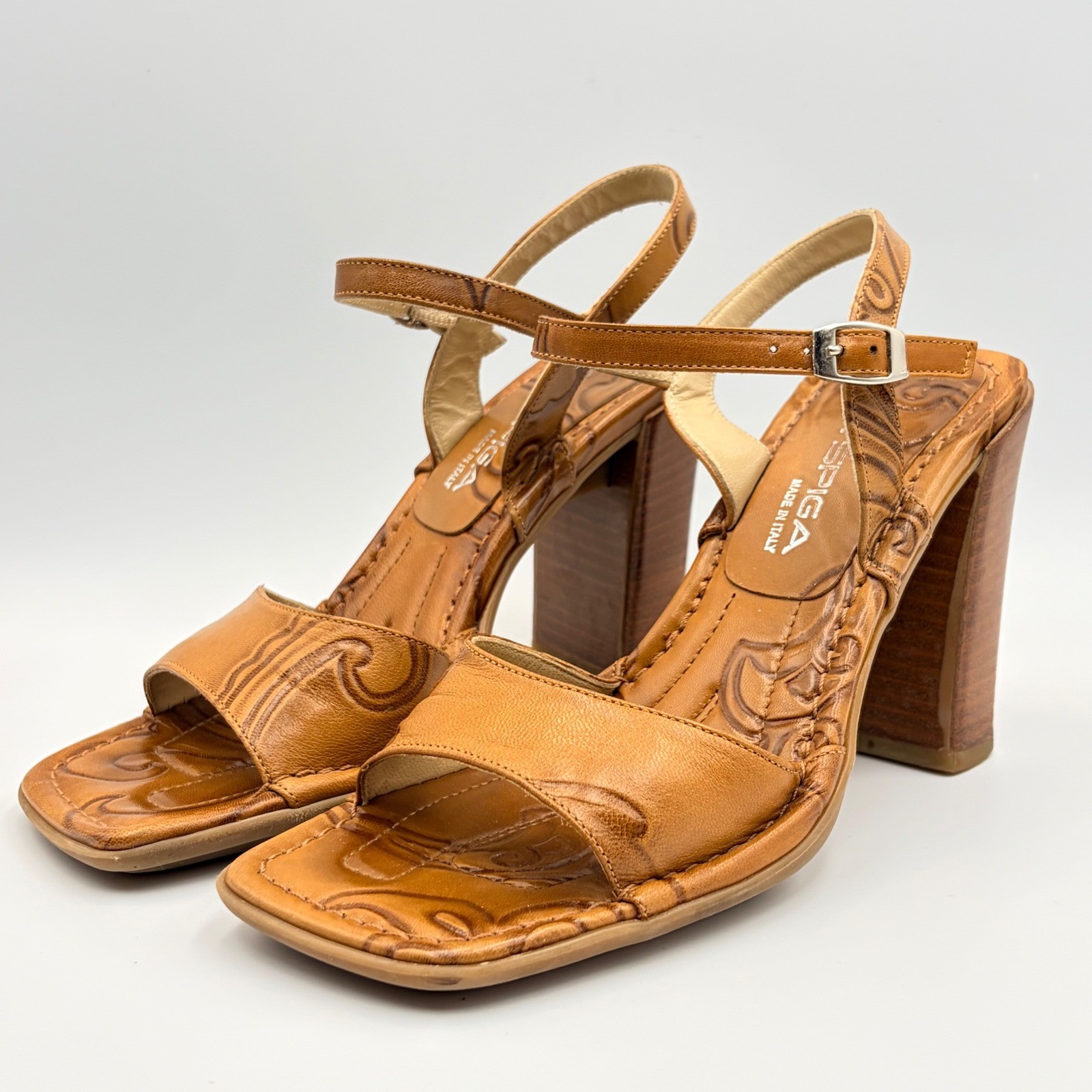 Via Spiga Womens 6 Tan Embossed Leather Block Heel Sandals Square Toe Italy