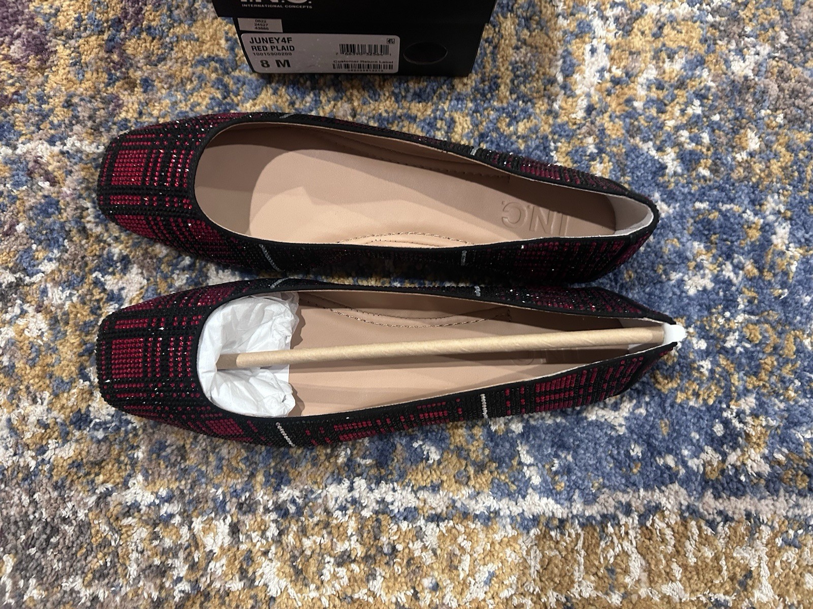 I.N.C. International Concepts Women’s Red/Black Plaid Rhinestone Ballet Flats 8M