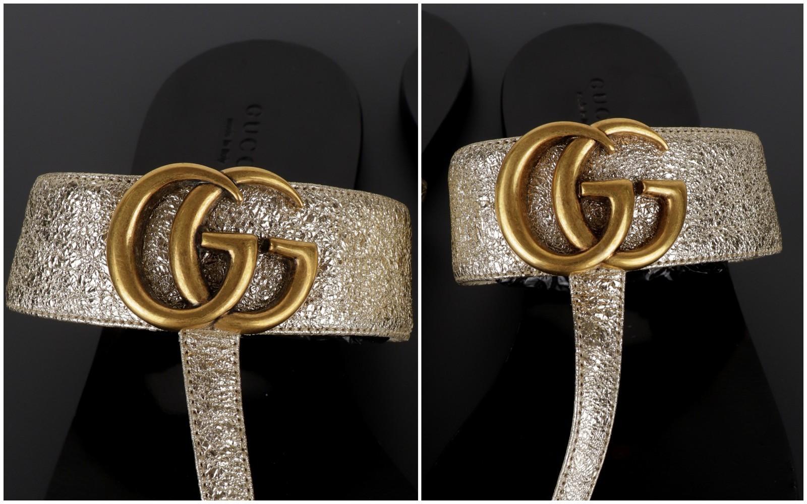 Gucci GG Marmont Metallic Logo EU39 US8 Platino Gold Leather Thong Flat Sandals