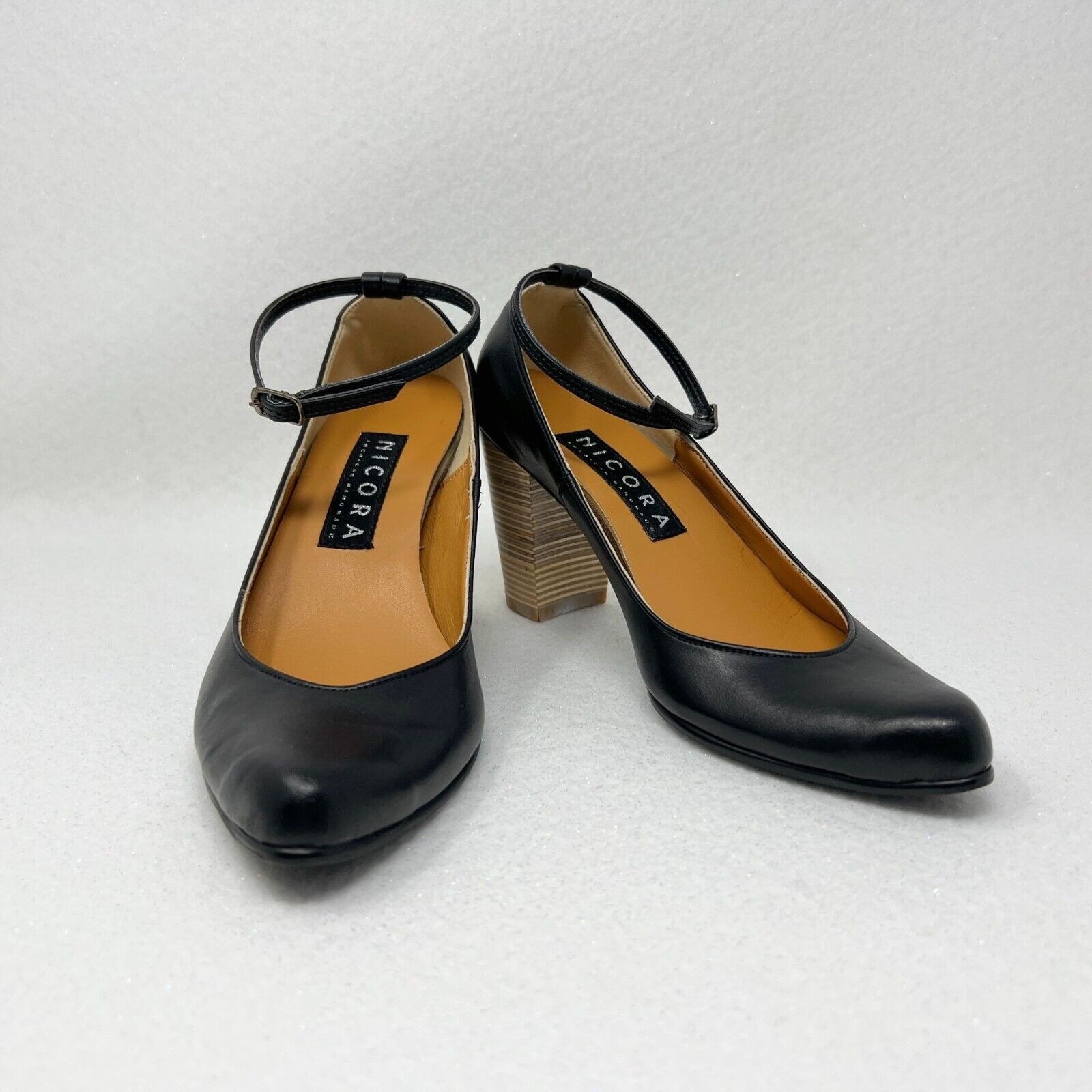 Nicora Natalie Heels Black Vegan Leather Size 7.5-8/38 Vibram Sole Ankle Strap