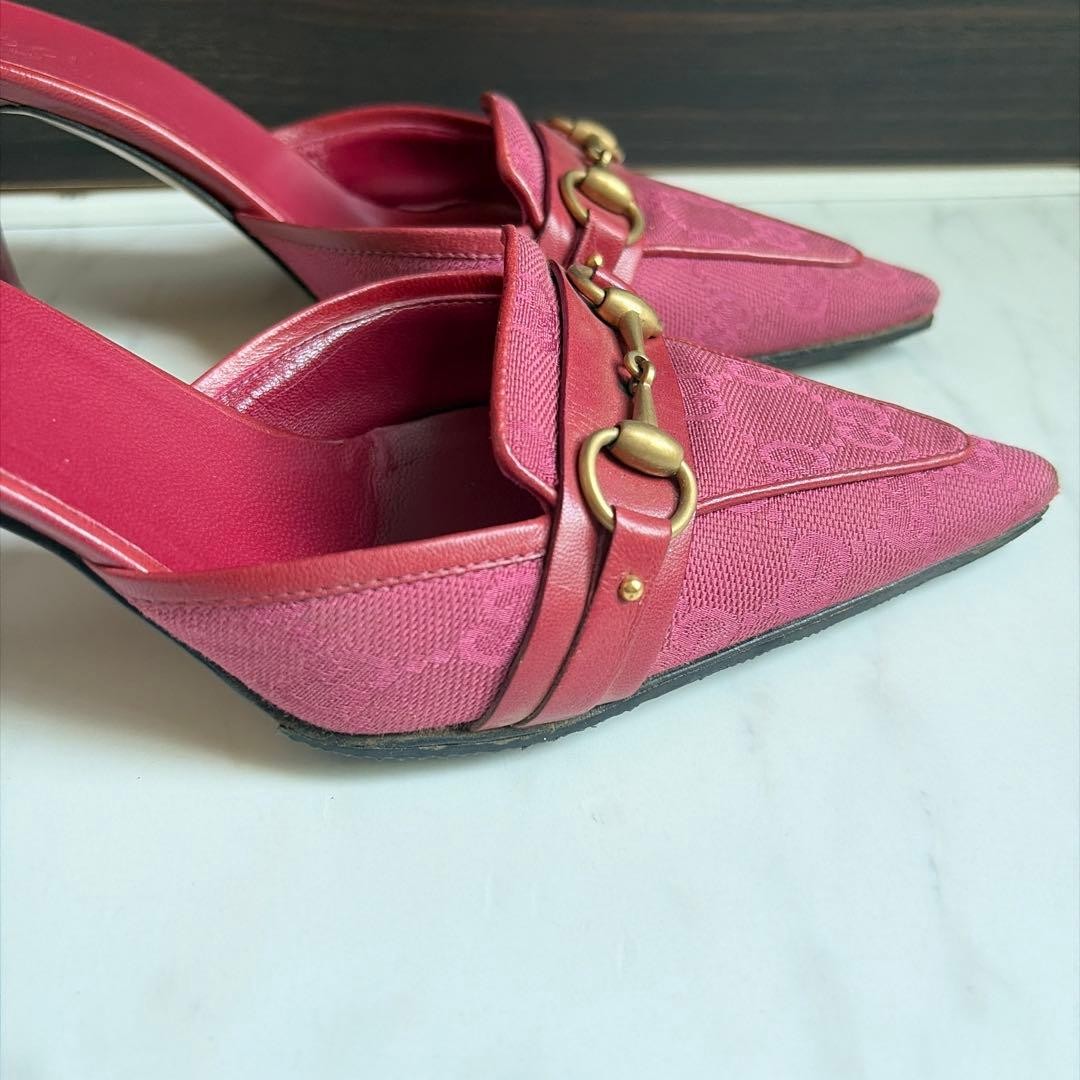 Gucci GG Pattern Mule Sandals Size 34H Pink Canvas Leather Rare