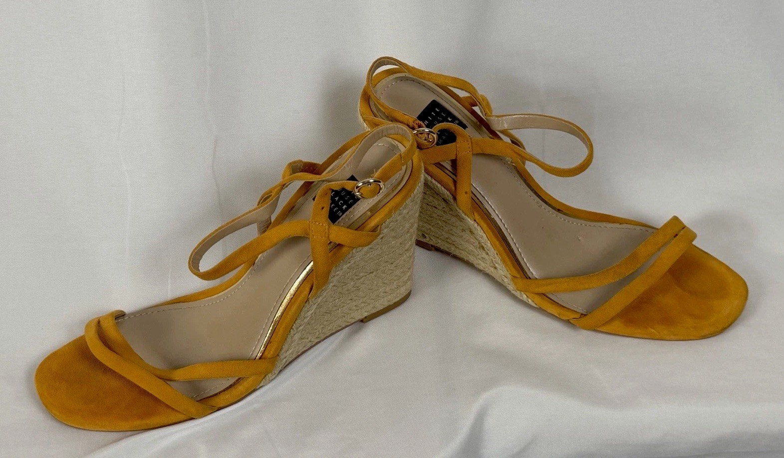 White House Black Market Yellow Suede Strappy Wedge Open Toe Heels US 7