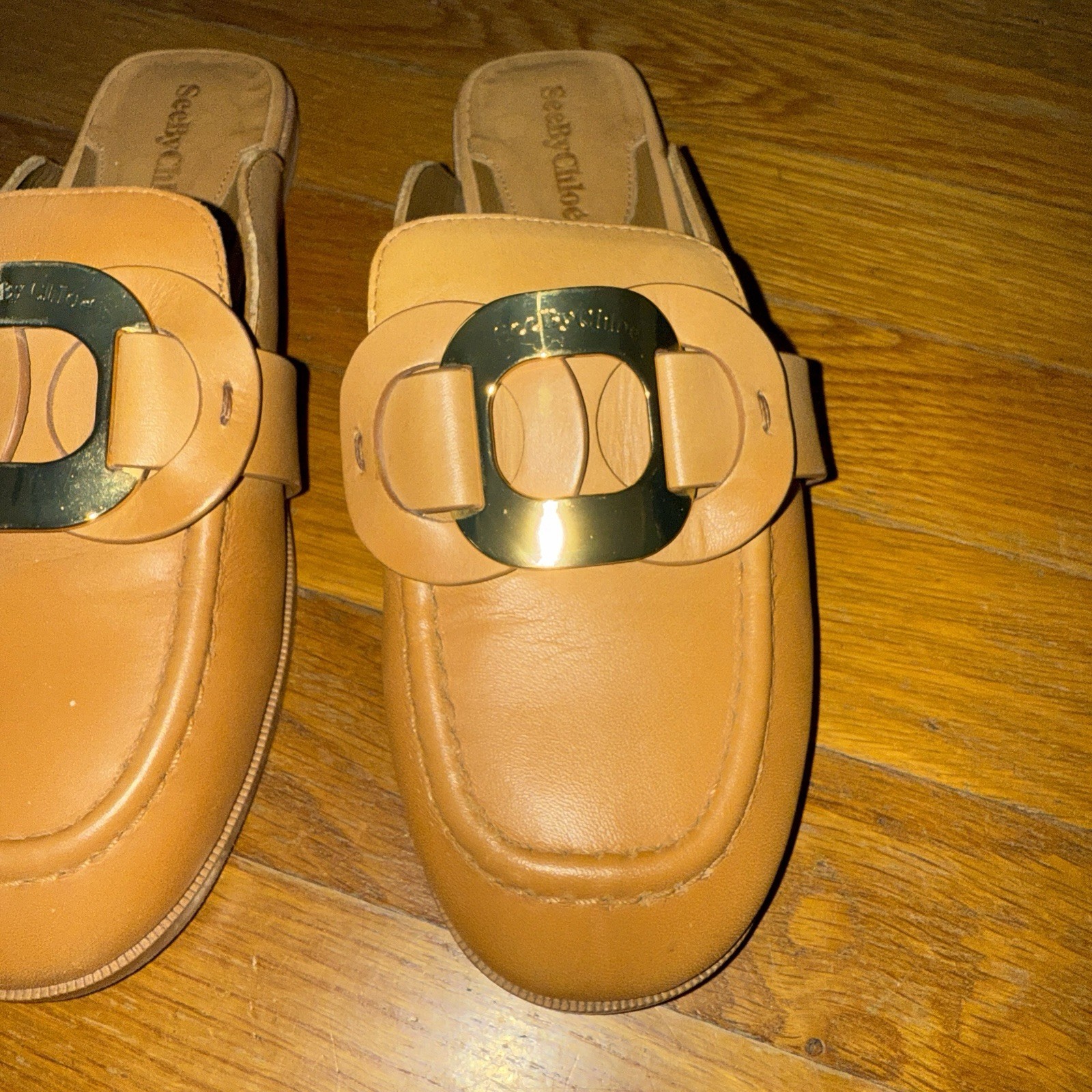 See By Chloe Shoes Womens Size 37 US 7 Chany Leather Mules Tan Slip Ons Calfskin