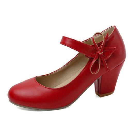 Women’s Lady Mary Janes Pumps Casual Mid Block Heel Party Wedding Shoes Bowknot