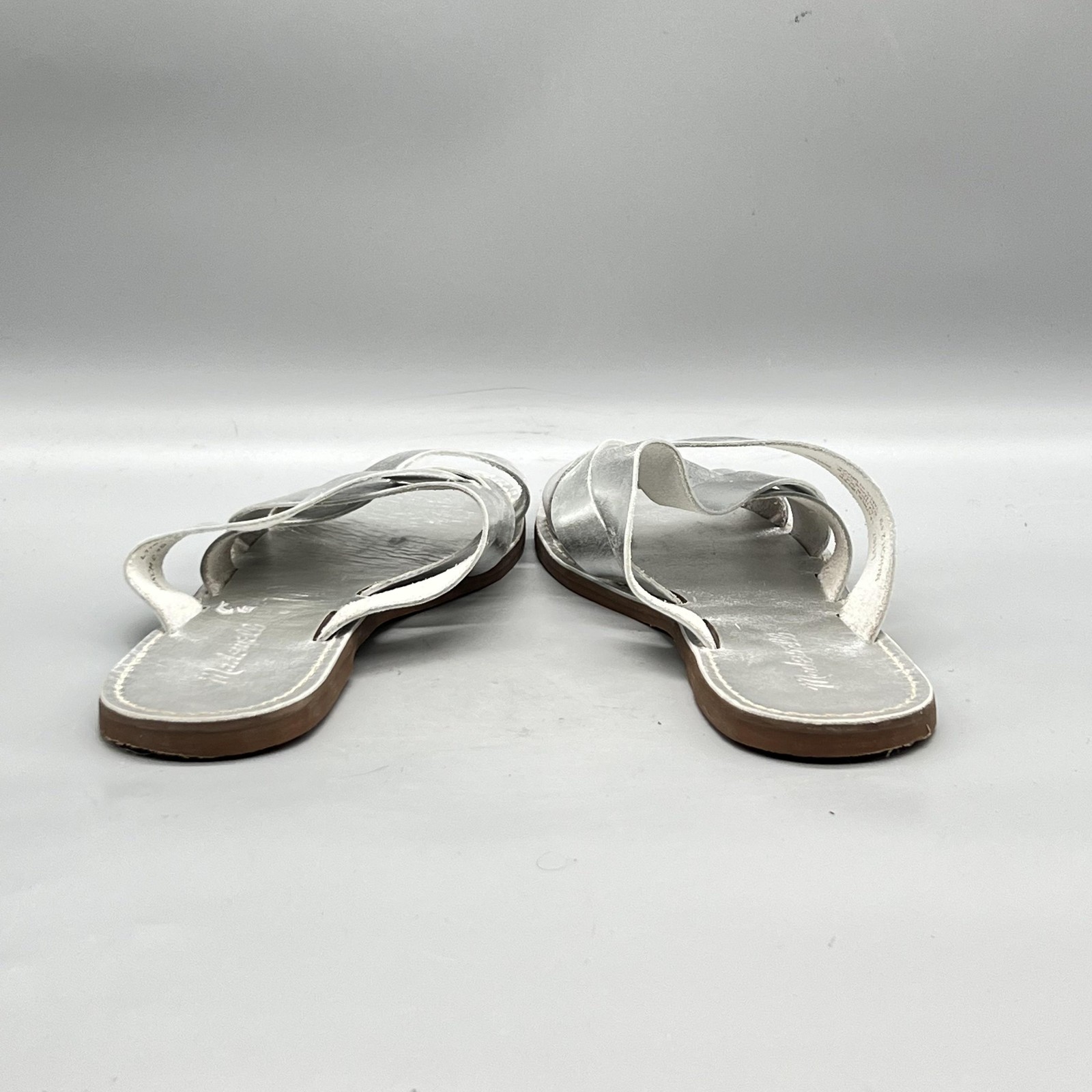 Madewell Sandals Women 9 Silver Leather Boardwalk Woven Strappy Slide Flat Shoes