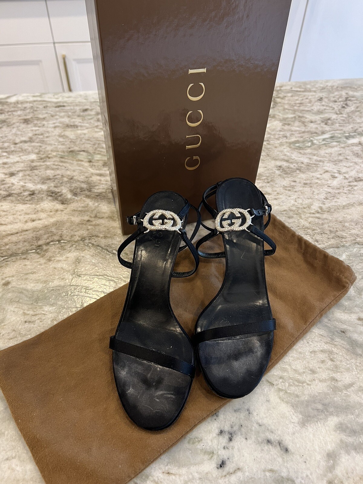 Authentic Gucci Sandals, Crystal GG logo, Black Satin, Size 36.5, Gorgeous!