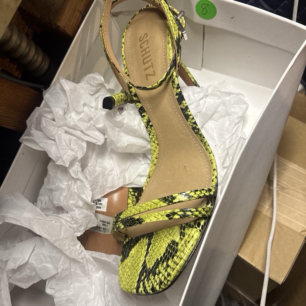 BRAND NEW $195 SCHUTZ VALENCIA NEON YELLOW SNAKE EMBOSSED WOMEN OPEN TOE SANDAL