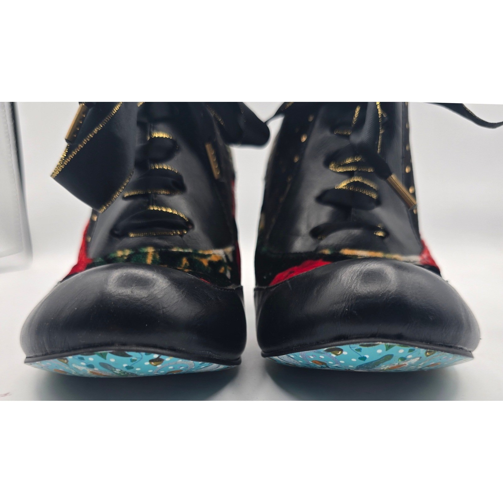 Irregular Choice Floral Velvet Ribbon Lace Ankle Boots Gold Polka Dot EU40 US 9