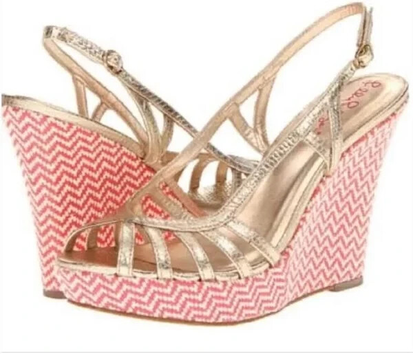 New Lilly Pulitzer Sophie Gold Leather Raffia Wedge Platform Sandals 6 Chevron