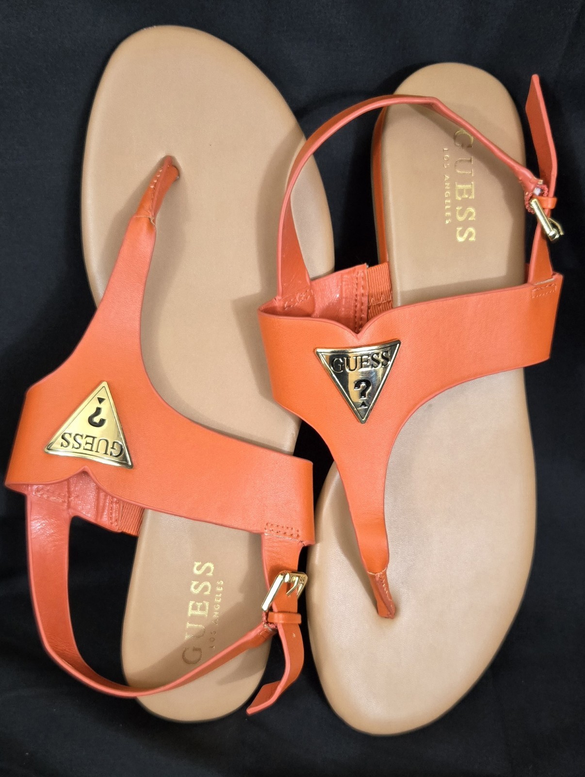 GUESS Logo Thong Flat Sandals w/ Ankle Strap Buckle Leather Orange/Beige 10
