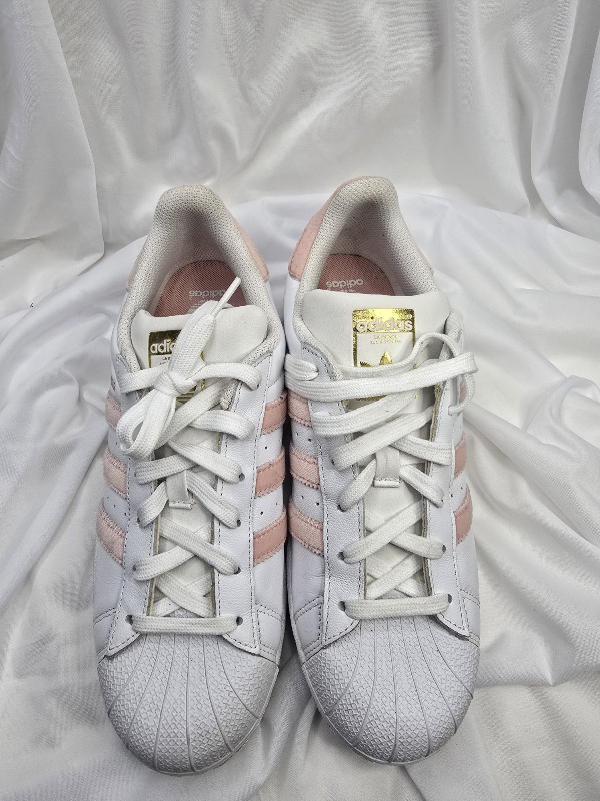 Adidas Superstar Women’s White Pink Striped Leather Low Top Cushioned Sneakers