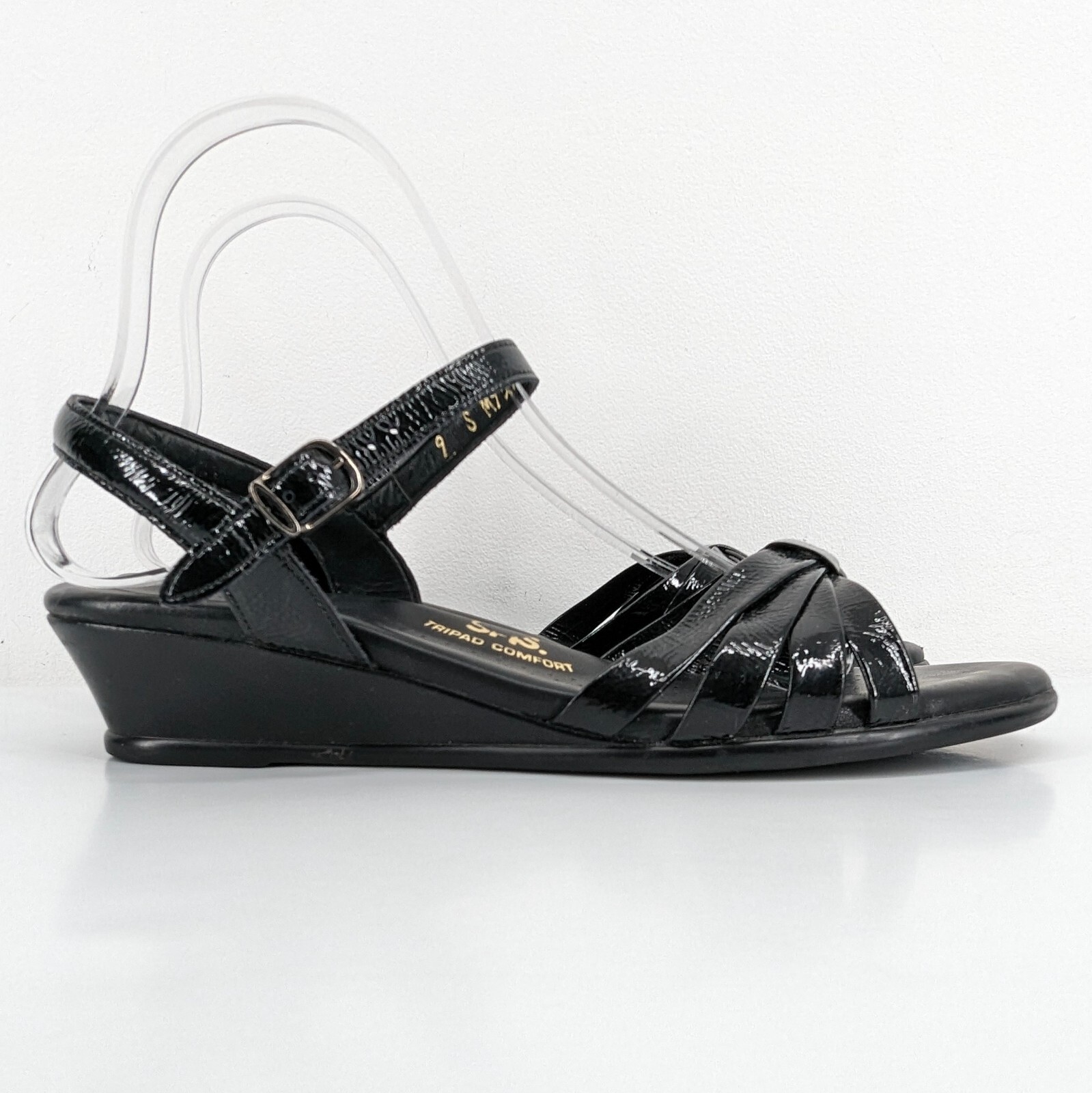 SAS Strippy Quarter Strap Womens Size 9 S Sandals Slim AAA Black Leather Wedge