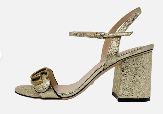 Gucci GG Marmont Ankle Strap Block Heel Sandals in Gold Leather 37