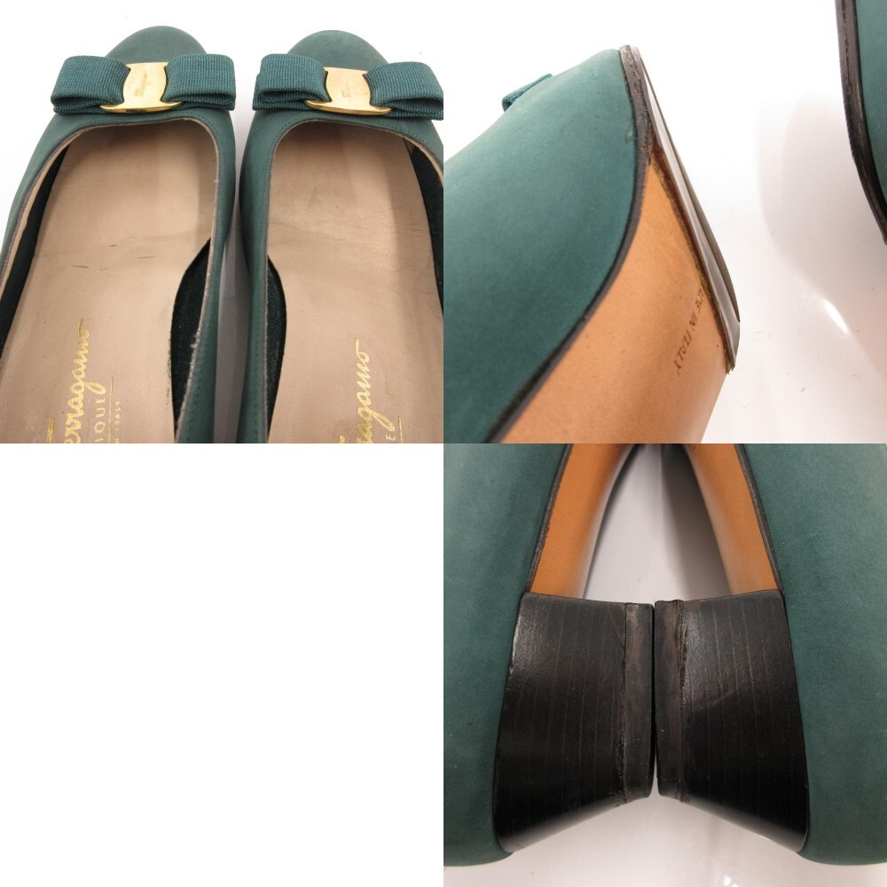 Salvatore Ferragamo Grosgrain Ribbon Pumps Suede Moss Green Women’s Size US 8