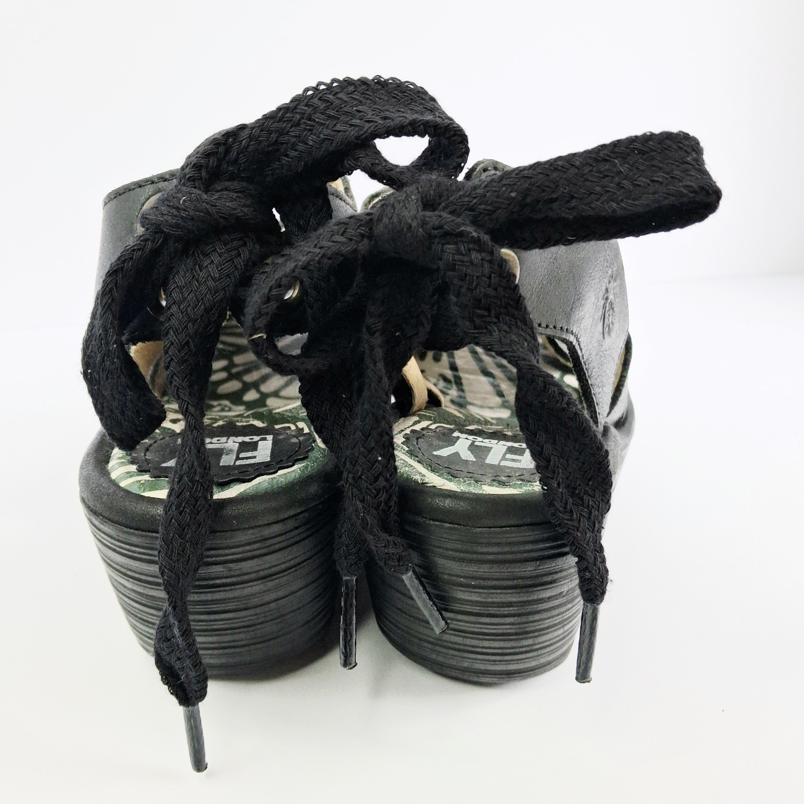 FLY London Yown Black Women’s Wedge Peep Toe Sandals Laced Backs Size 6-6.5