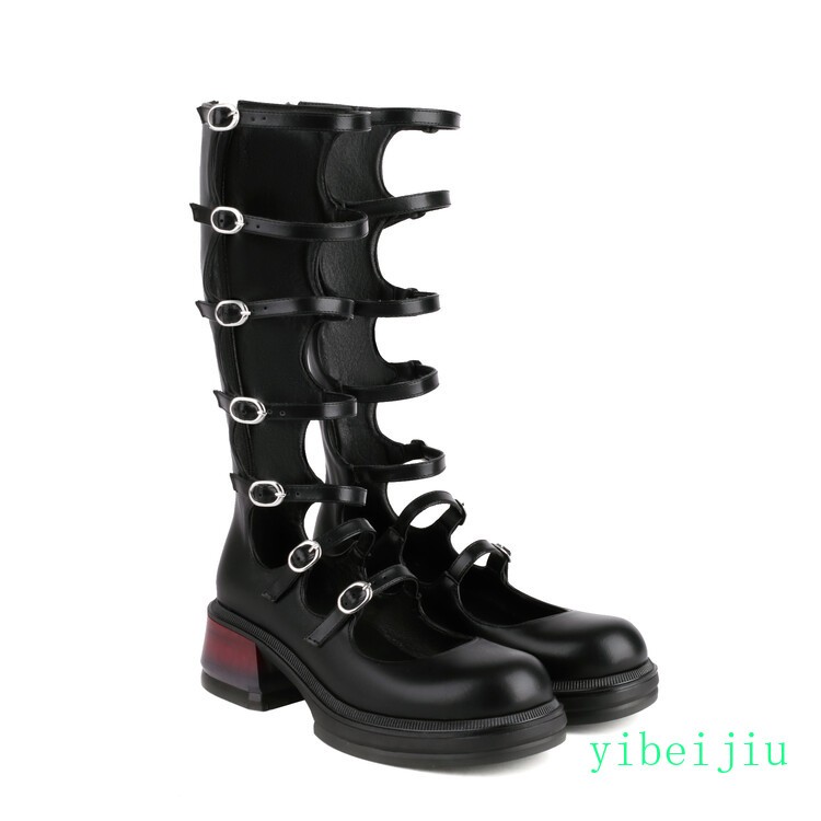 2025 Women’s Platform Low Cuban Heel Multi Buckles Knee High Mary Janes Shoes OL