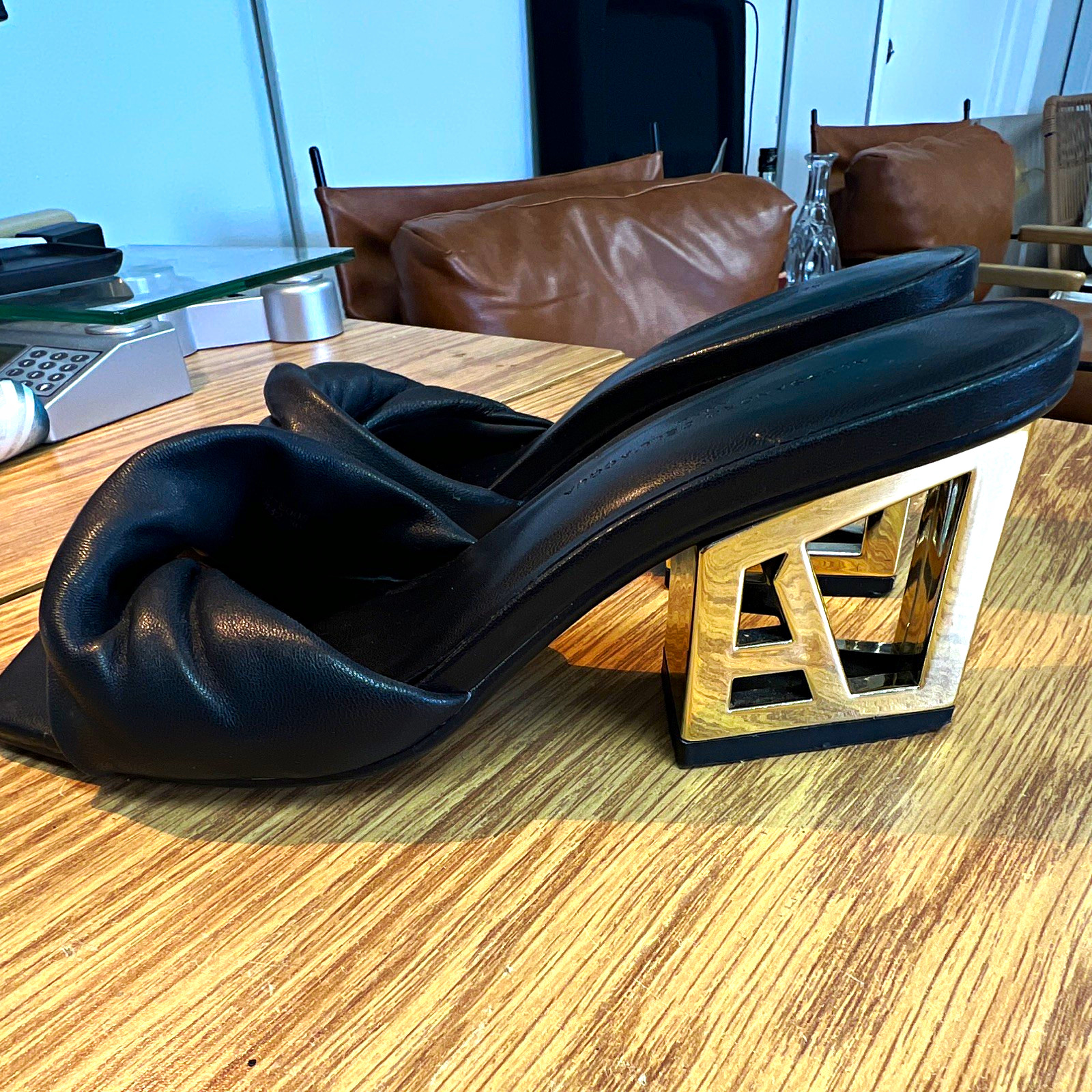 Alessandro Dell’Acqua Black Leather Square Toe Knotted Mule Block Heels 6