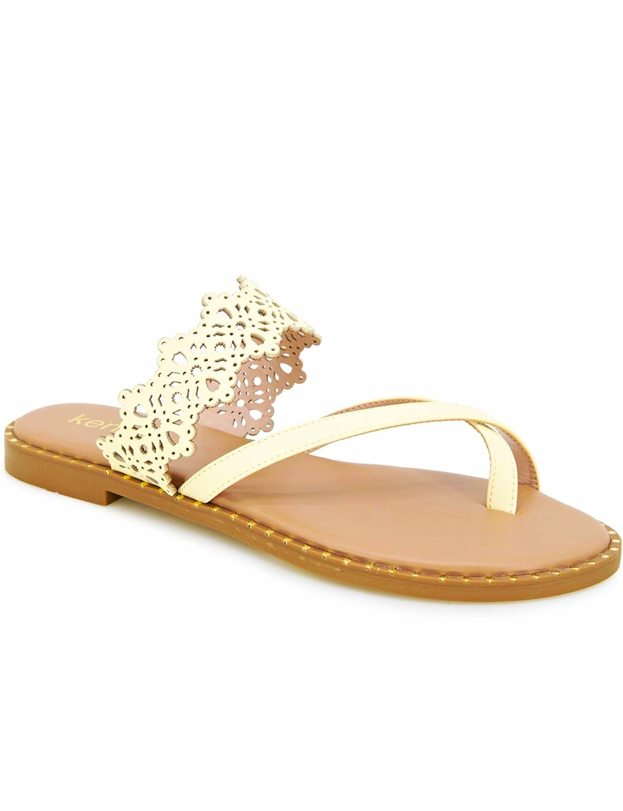 Kensie Women’s Slide Sandal Cut-Out Slip-On Open Toe Beige Synthetic US 6