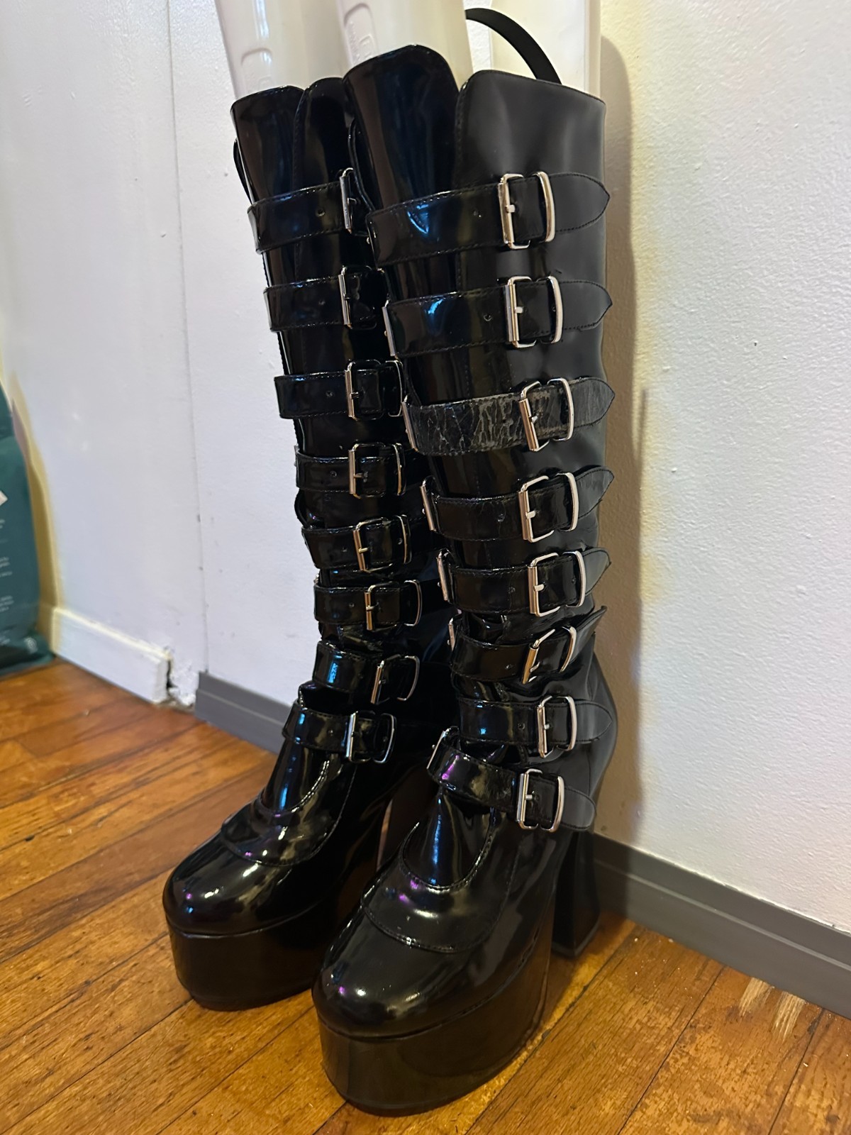 Demonia knee-high Patent Leather Boots, s8, silver hardware adjustable buckles