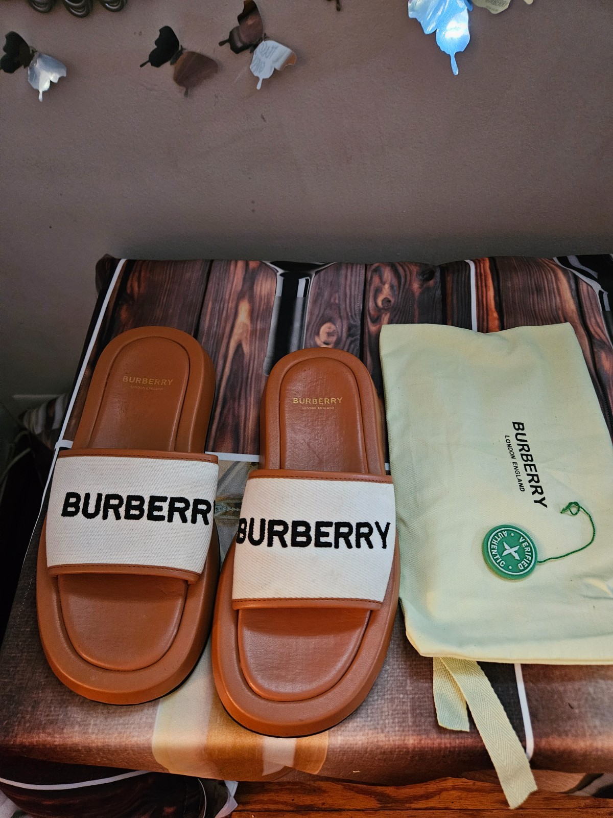Burberry Bucking Brown Logo Slides In Canvas & Leather Sz 11 (Original Box}
