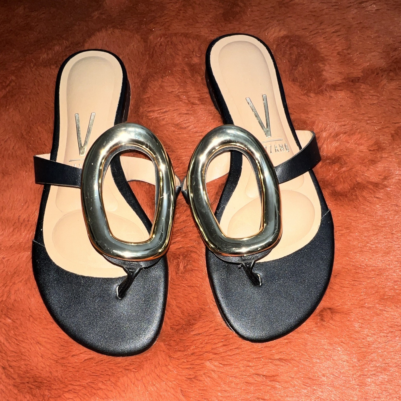 Vizzano Women’s Black Flat Slip-On Leather Sandals Silver Buckle, 5.5