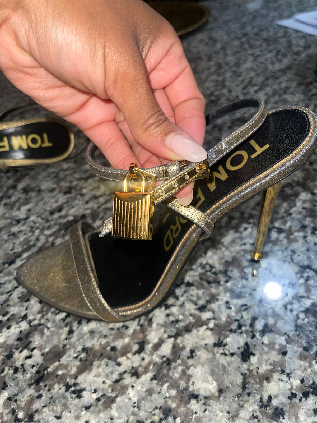 100% Authentic Tom Ford Demin Gold Metallic Padlock Heels Size 38 NEVER WORN