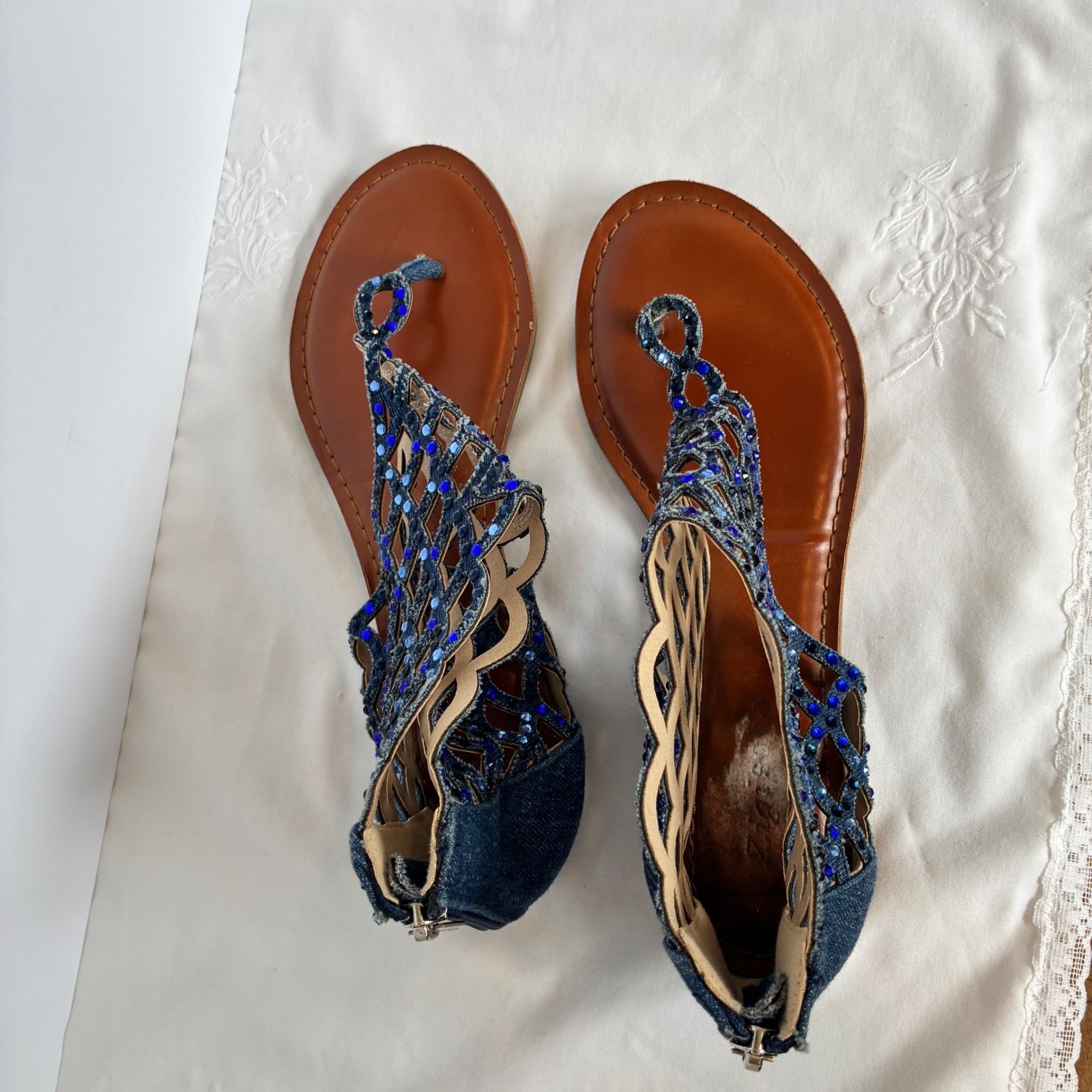 Zigi Soho Blue Denim Rhinestone Sandal Caged Gladiator Thong Boho Festival Y2K