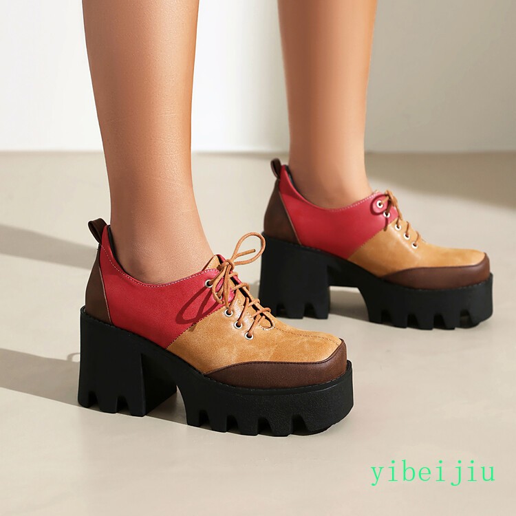 Women’s Platform Shoes Patchwork Two Tone High Block Heel Colorblock Lady Retro