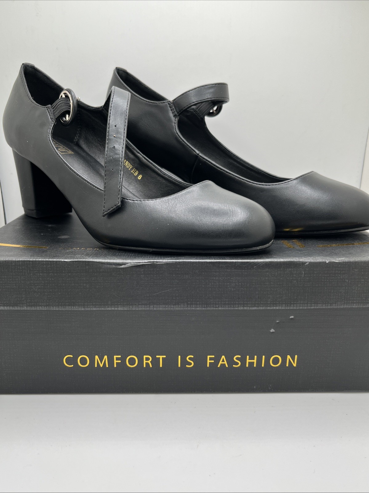 Black Mary Jane Ankle Strap Low Chunky Block Heel Pump Close Rounded Toe Size 8