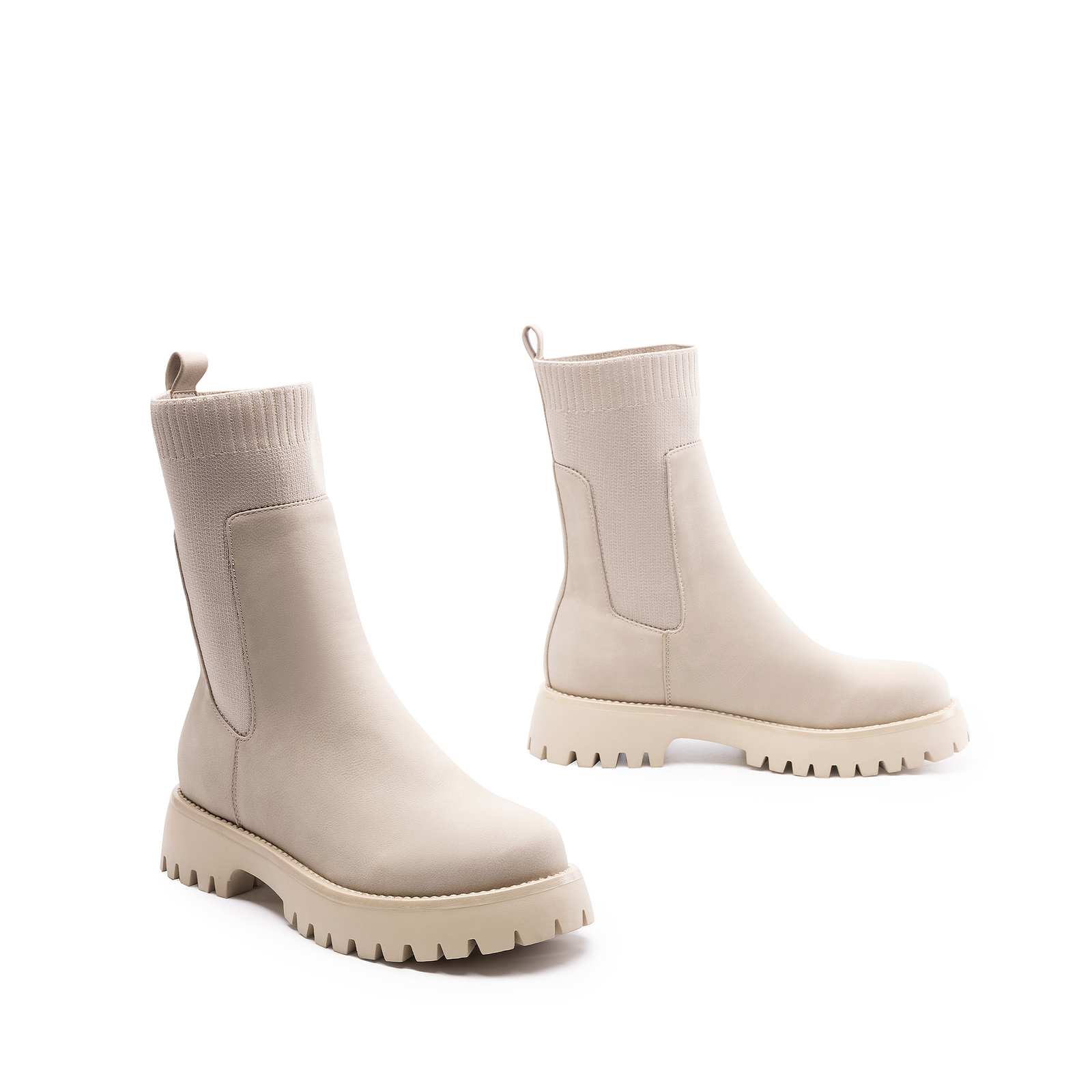 Women Platform Chelsea Boots with Ribbed Sock Upper and Lug Sole Mid Calf Boots