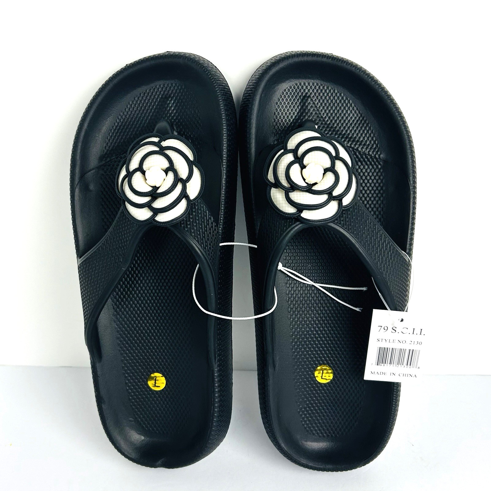 NWT Flip Flop Camellia Flower Jelly Sandals Womens L Black Cushioned Waterproof