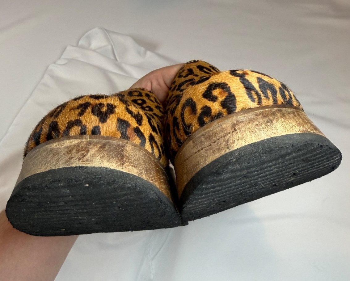 Womens 9 Bongo Leopard Platform Clog Mules Wood Slip On Shoes Y2K Vintage Rare