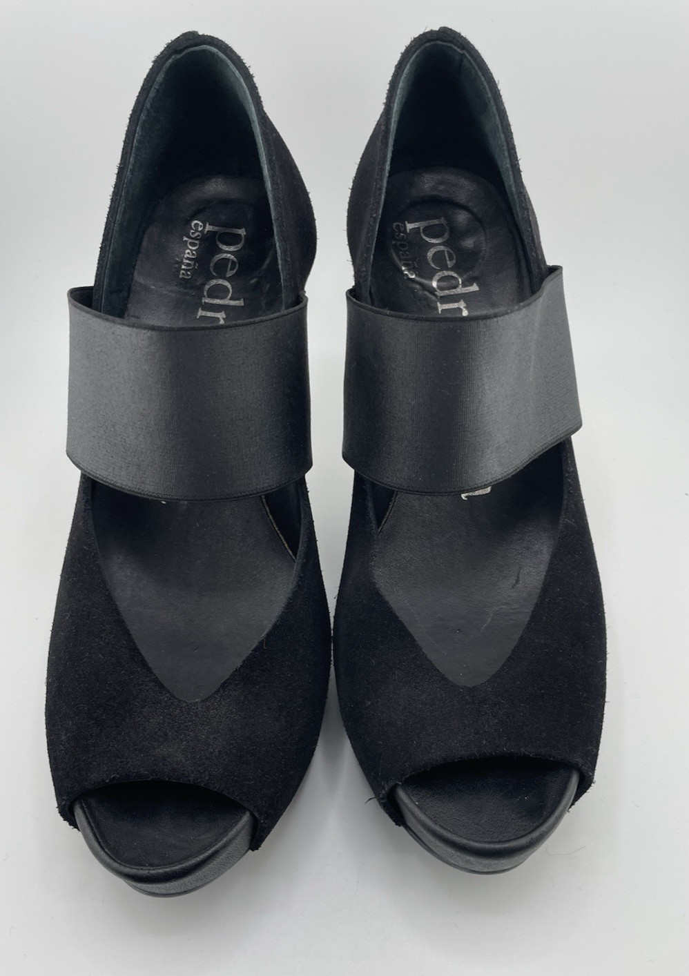 PEDRO GARCIA Black Suede Heels Open Toe W/ Elastic Band Spain Size EU 38.5 -DS70
