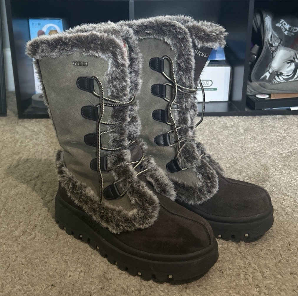 SKECHERS y2k Women’s Fur Lined Lace-Up boots Brown/Gray 7