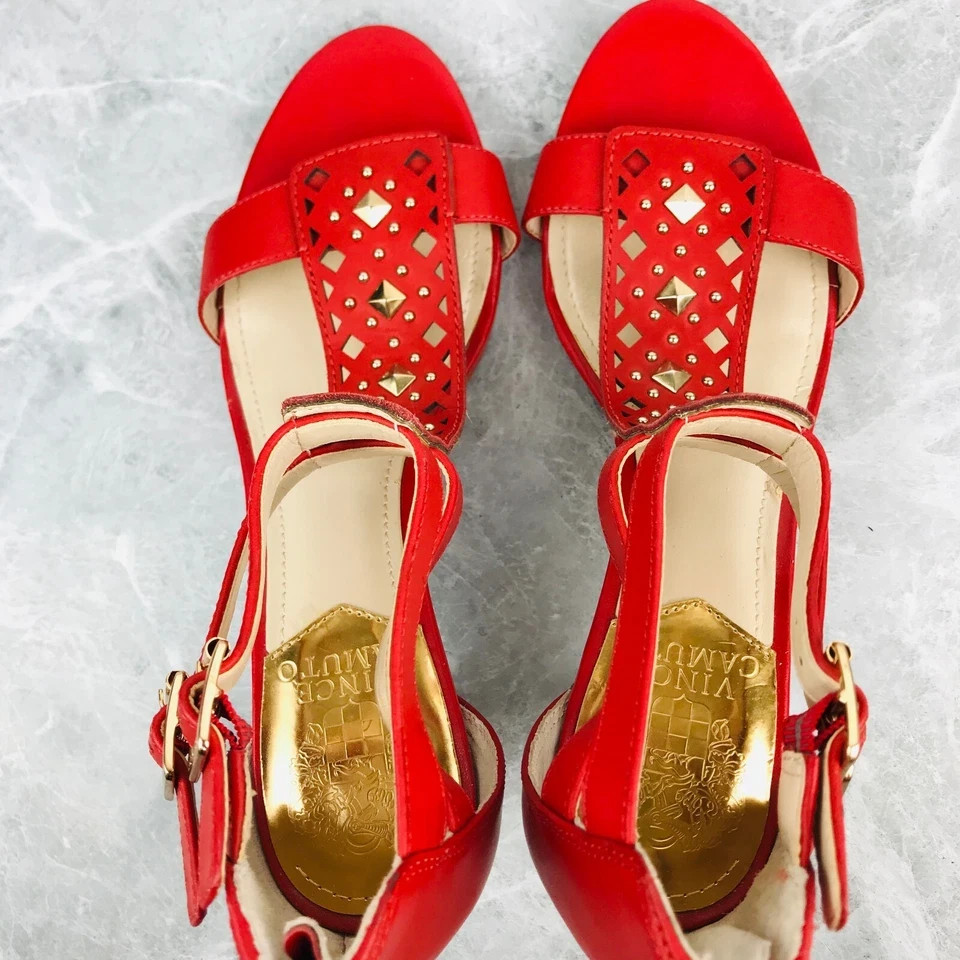 Vince Camuto Red Leather Studded T-Straps Buckle Heels Open toe Womens Size 8