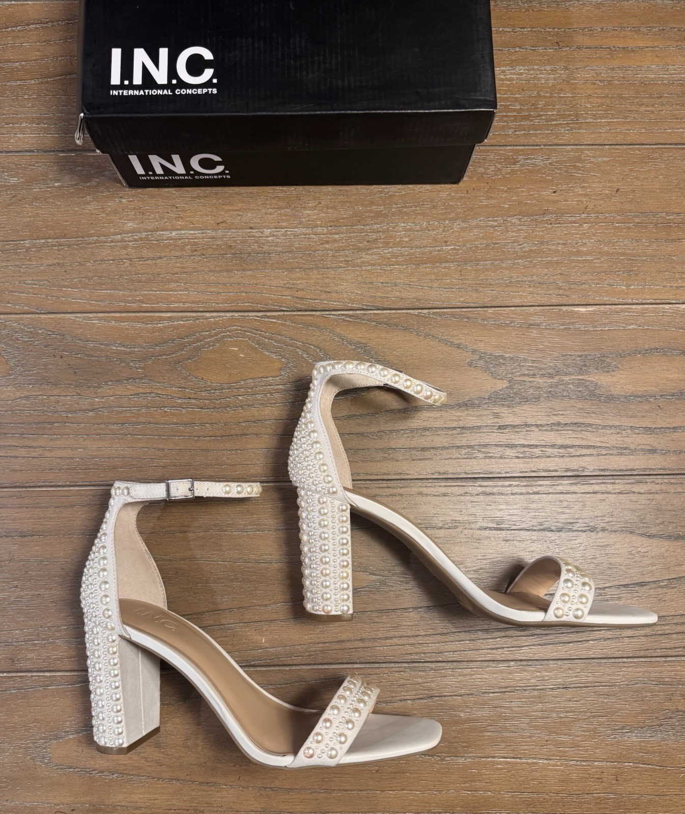 I.N.C. White Pearl Strappy Ankle Strap Open Toe Heels 9.5M