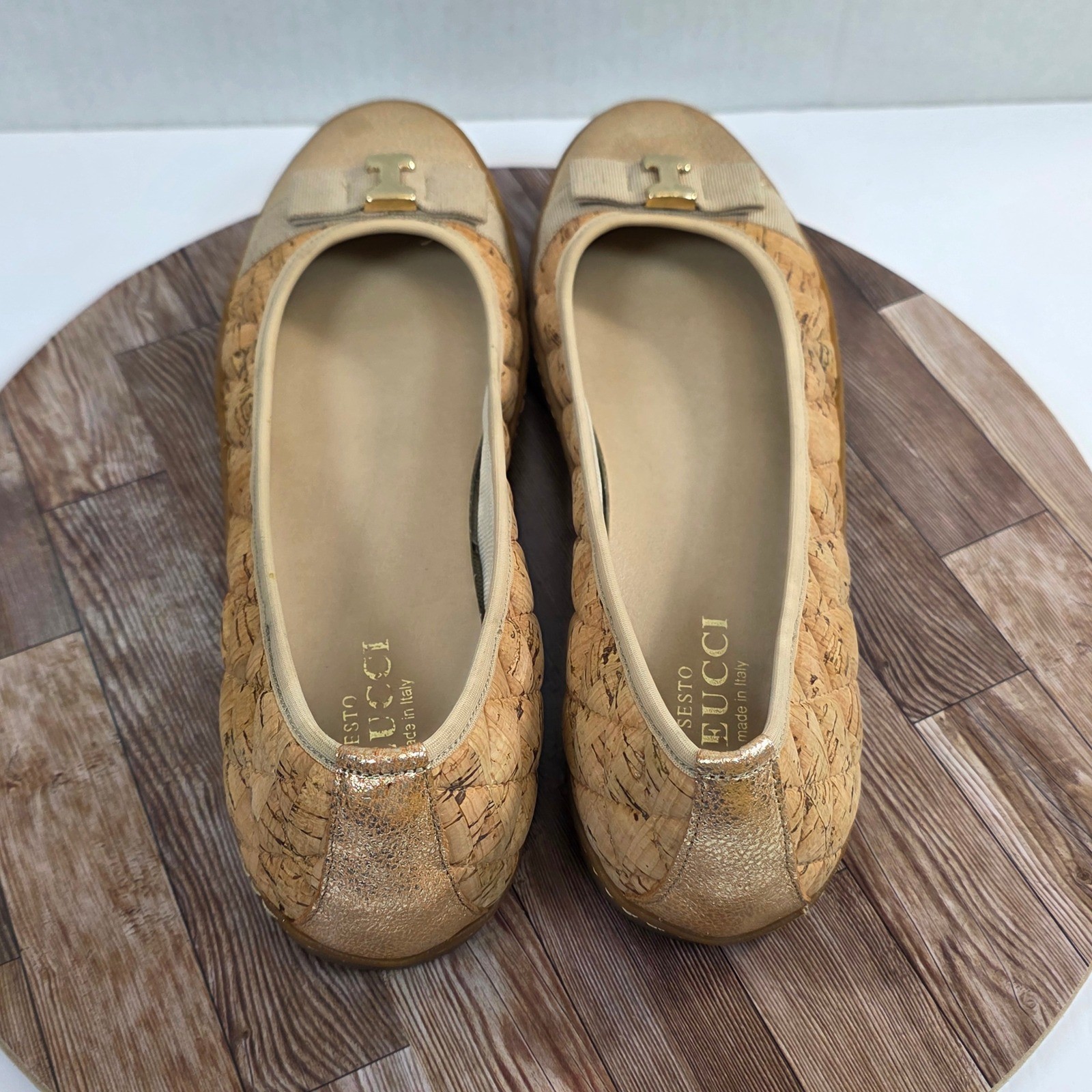 Sesto Meucci Ballet Flats Womens 10N Gold Cork Quilted Bow Metallic Toe