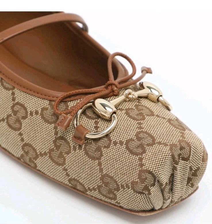 Gucci Horsebit Size 39 BeigeBrown GG Canvas and Leather Ballet Flats New In Box