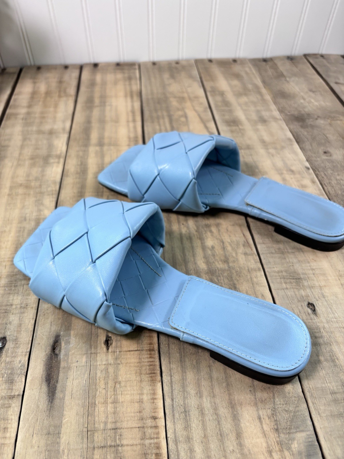 Blue Woven Leather Flat Slide Sandals Square Toe Women’s Size 7.5