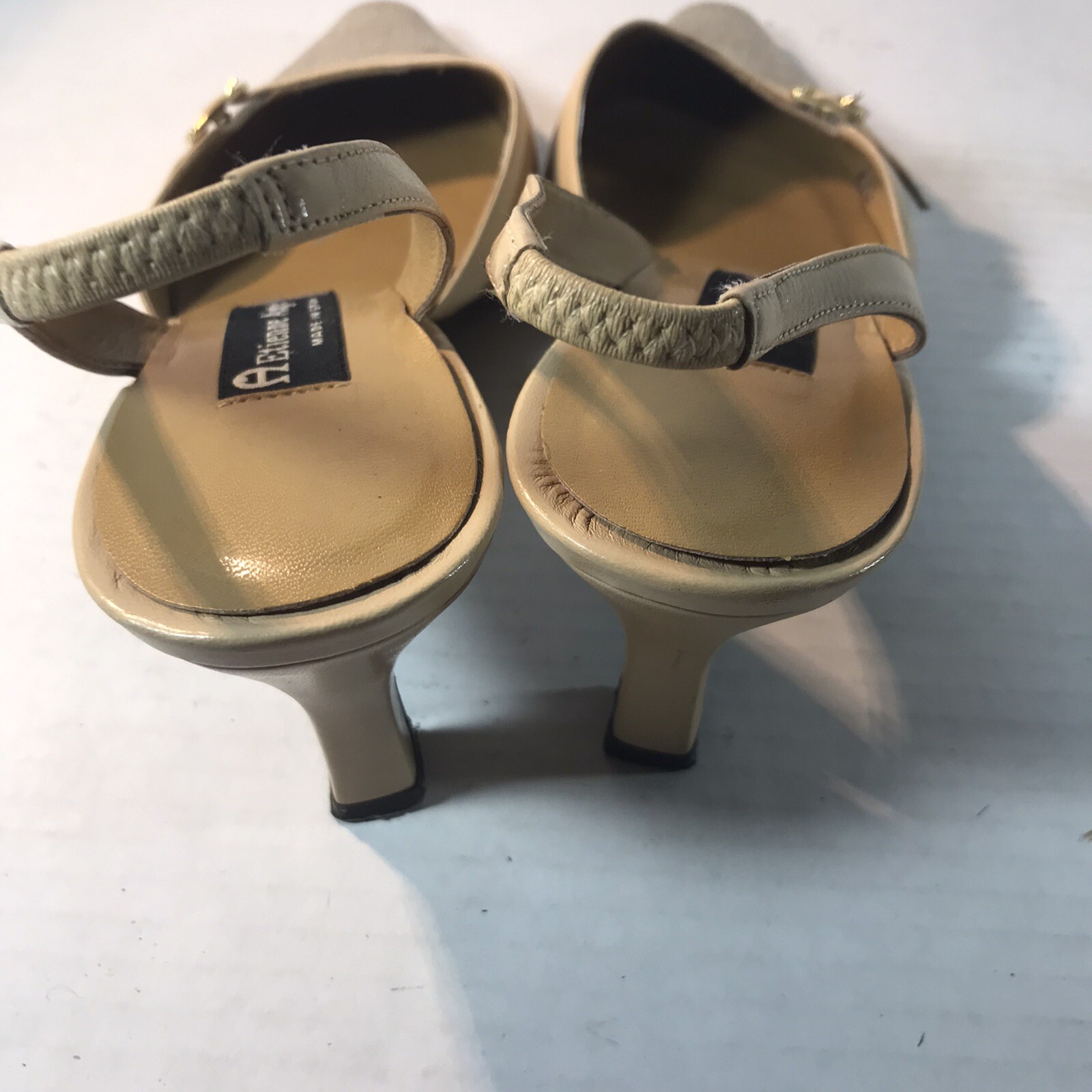 Etienne Aigner Beige Leather/Canvas 2.5in Slingback Heels Womens Size 7.5M Spain