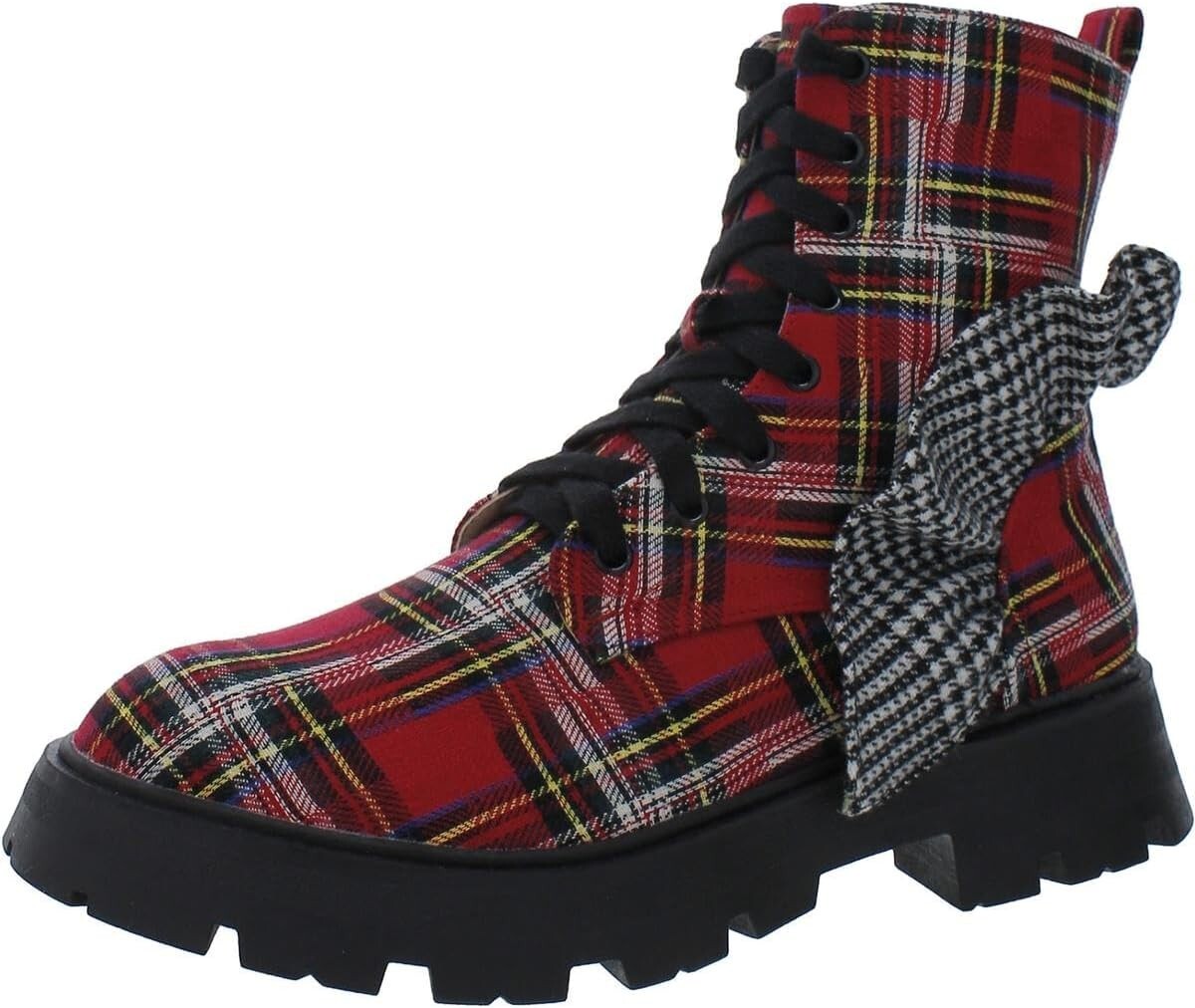 Betsey Johnson Rozey Womens Plaid Lug Sole Ankle Bootie Red Fabric ROZE01S559E0