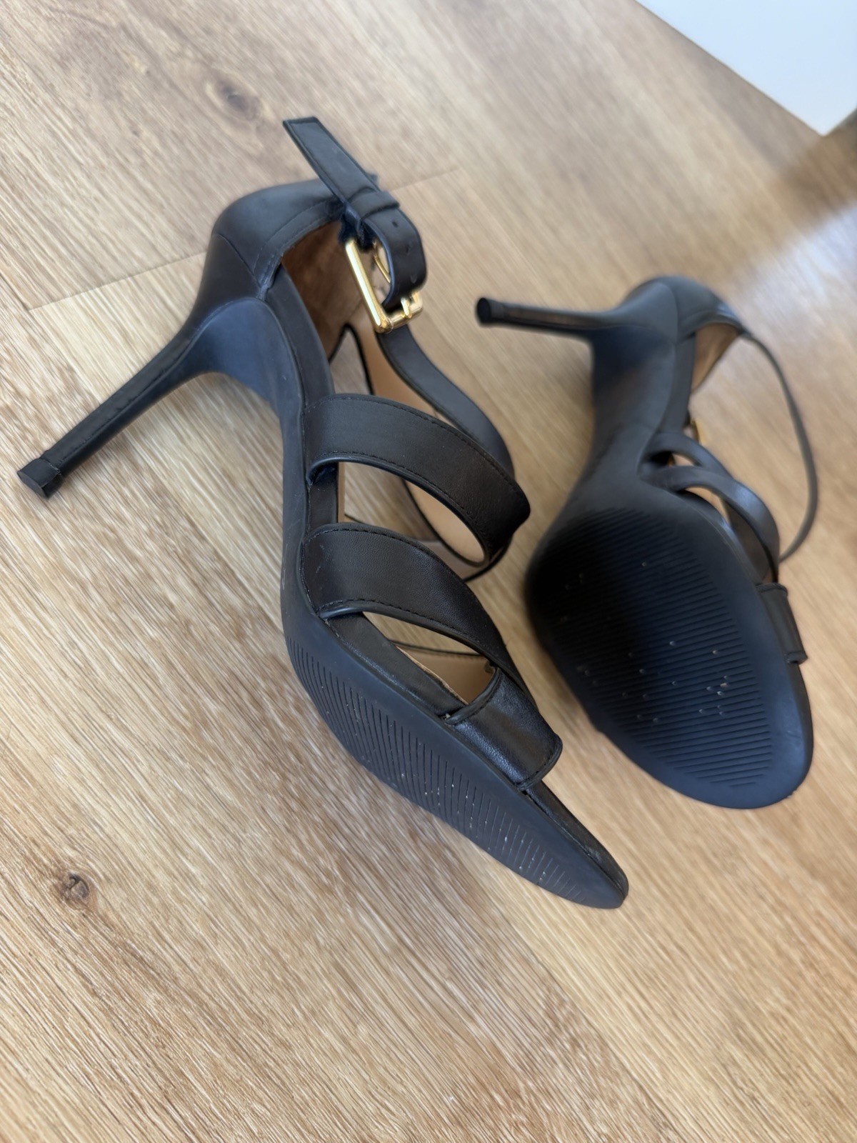 Lauren Ralph Lauren Black Leather Open Toe Ankle Strap Buckle Heels 7.5B