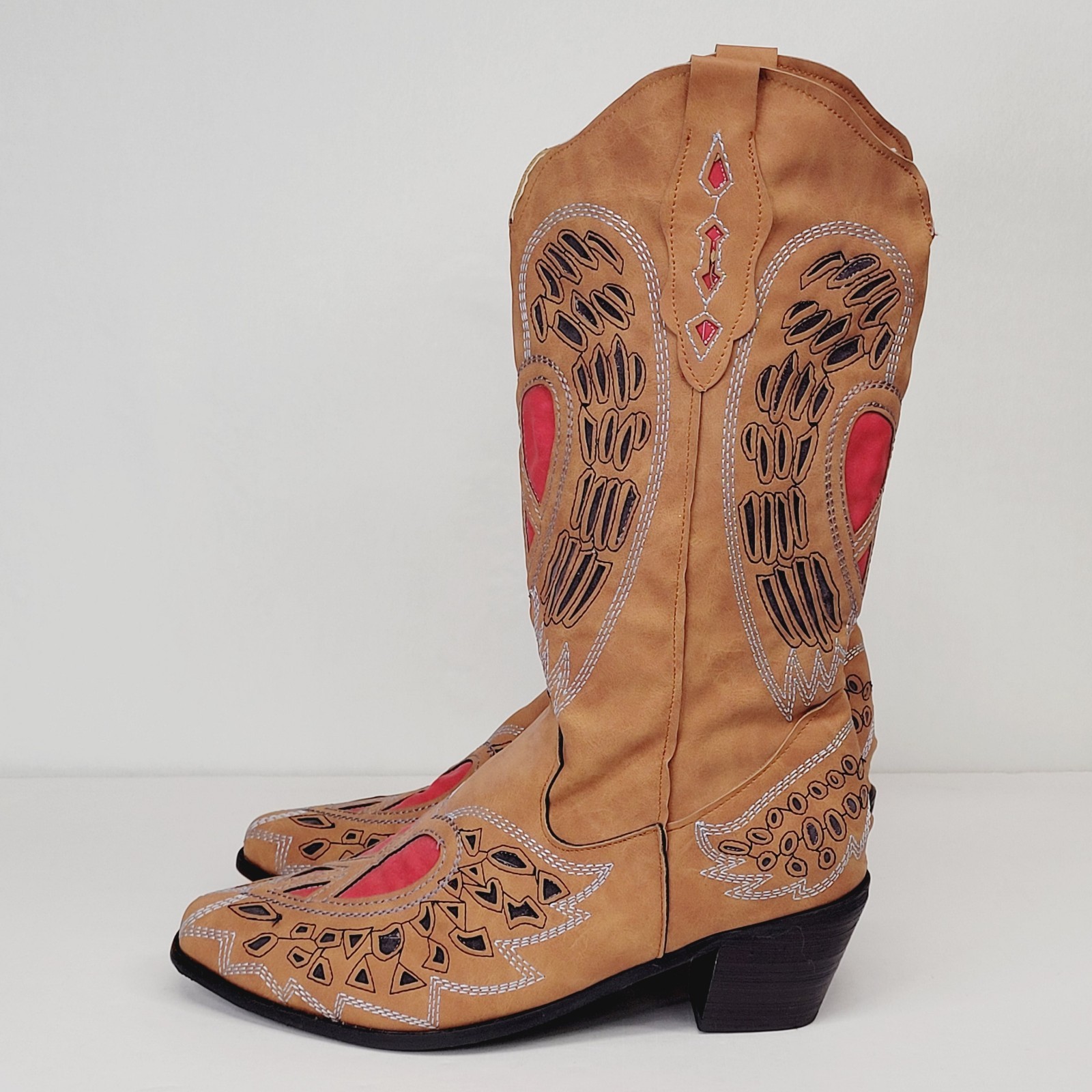 Womens Heart Angel Wing Cowgirl Boots 9.5 Cowgirl Western Faux Suede Brown Red
