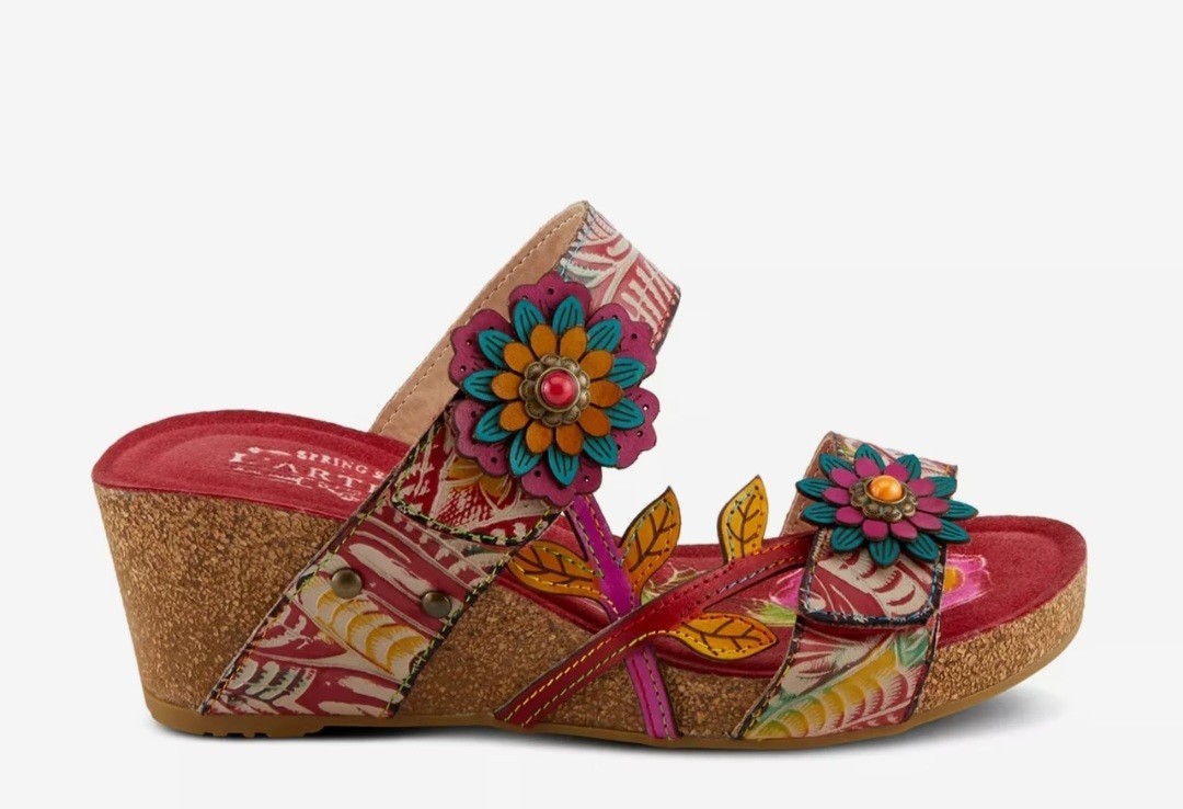 L’Artiste by Spring Step Moai Red Multi Leather Wedge Sandal NWOB Size 40 US 9