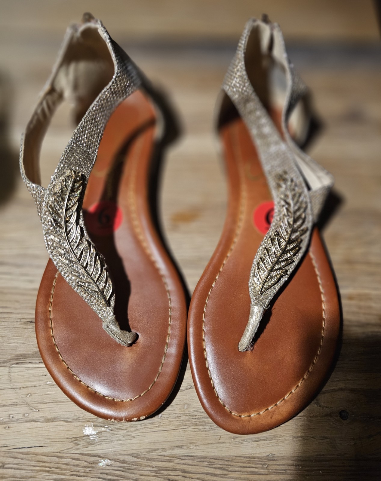 Jessica Simpson Gold/Sparkle, Feather Hardware Flats, Thong, Zip Back, Sz. 6