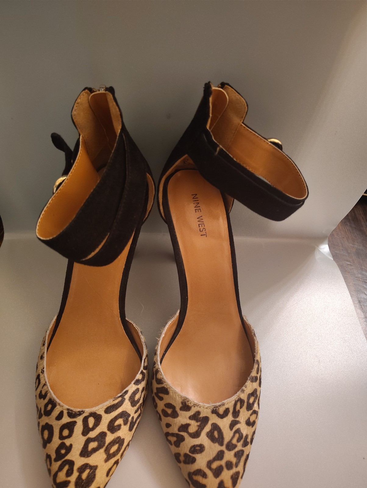 Nine West Ladies Leopard Print pointed Toe Black Suede Strap Back Zipper Heels