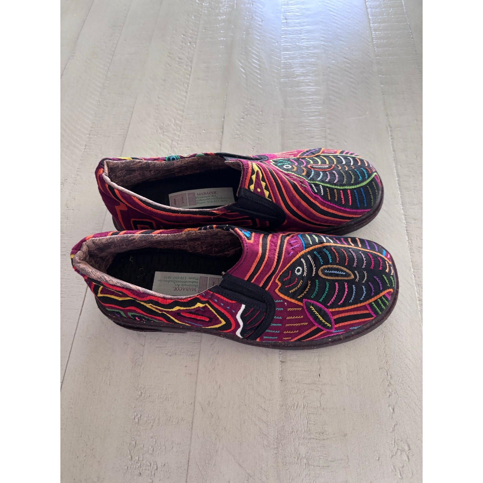 Mabacol NWOT Artisan Handmade Embroidered Fish Slip on Shoes Upcycle Recycle SZ6