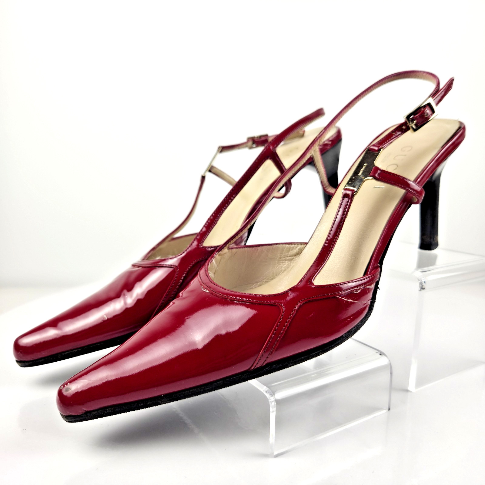 Gucci Red Patent Leather Slingback Pointed Toe Heels Womens 7B Vintage