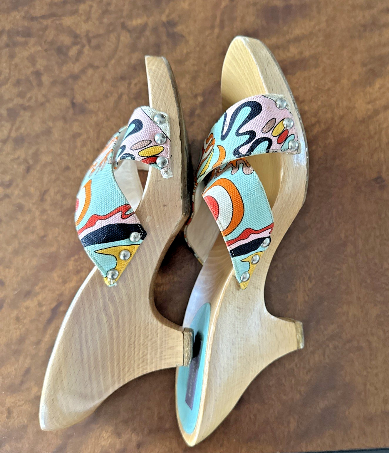 Emilio Pucci Wooden Wedge Sandals Multicolor Abstract Pattern Size 38 ITALY